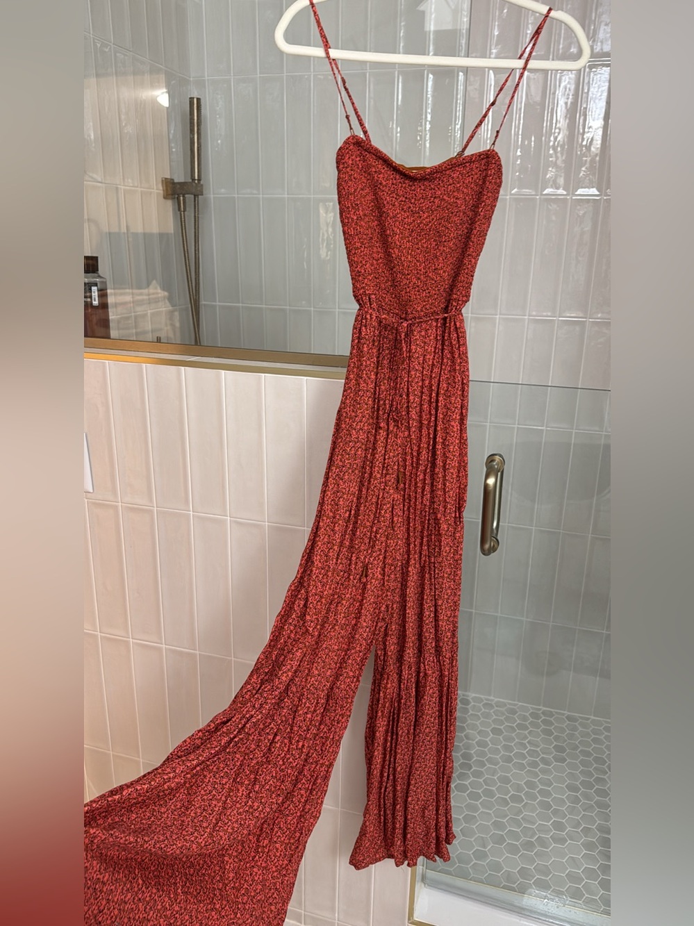 Orange-Red Floral Maxi Dress with Delicate Spaghetti Straps
